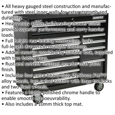 1050 x 465 x 1050mm 12 Drawer BLACK Portable Tool Chest Locking Mobile Storage