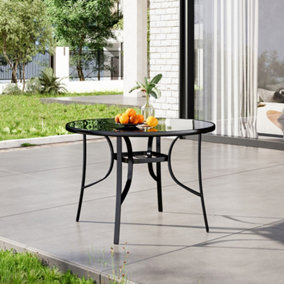 105cm Dia Round Wrought Iron Style Garden Table with Tempered Glass Top and Parasol Hole, Black