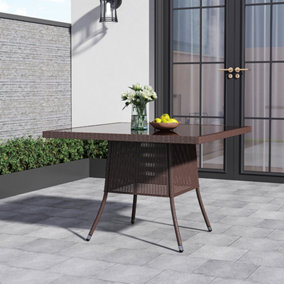 105cm W Rustic Wicker Outdoor Dining Table with Tempered Glass Top and Parasol Hole, Brown