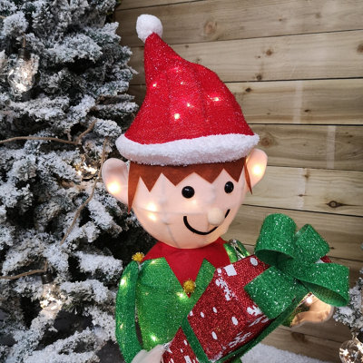 107cm Warm White LED Lit Elf Character with Present Christmas Decoration in Green and Red