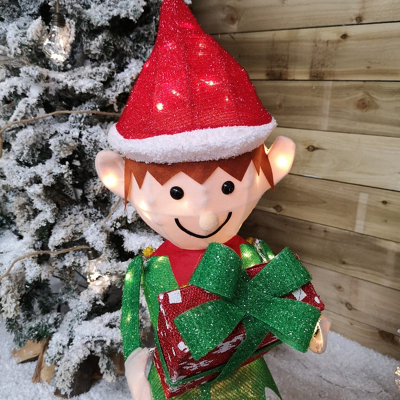 107cm Warm White LED Lit Elf Character with Present Christmas Decoration in Green and Red - 5