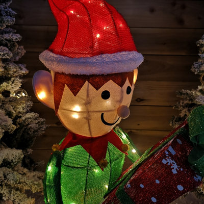 107cm Warm White LED Lit Elf Character with Present Christmas Decoration in Green and Red - 8