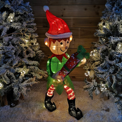 107cm Warm White LED Lit Elf Character with Present Christmas Decoration in Green and Red - 9