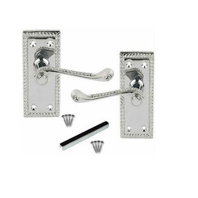 107mm Long Georgian Rope Edge Door Handles Scroll Lever Chrome Polished Latch with Fixing Screws (1 Pair)