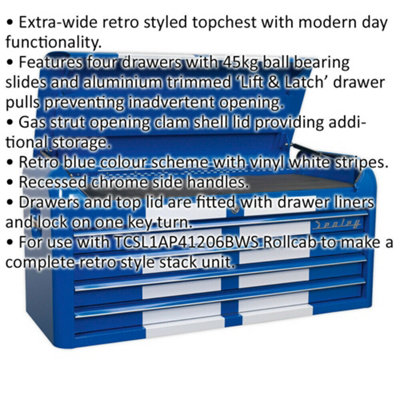 1080 x 450 x 495mm RETRO BLUE 4 Drawer Topchest Tool Chest Lockable Storage