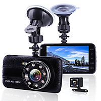 1080P HD DUAL LENS DASH CAMERA WITH FRONT AND REAR CAMERA AND 4" LCD SCREEN