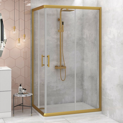 Royal Bathrooms Venice 1000 X 700mm Brushed Brass Corner Entry Shower Enclosure Rectangular Sliding Door 6mm Safety Tempered Glass from B&Q