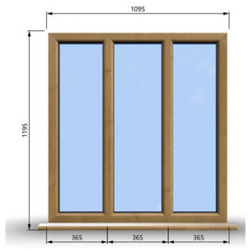 1095mm (W) x 1195mm (H) Wooden Stormproof Window - 3 Pane Non-Opening Windows - Toughened Safety Glass