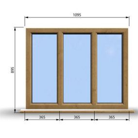 1095mm (W) x 895mm (H) Wooden Stormproof Window - 3 Pane Non-Opening Windows - Toughened Safety Glass