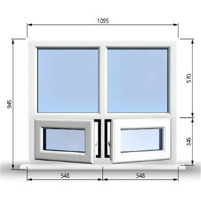 1095mm (W) x 945mm (H) PVCu StormProof Casement Window - 2 Bottom Opening Windows - Toughened Safety Glass - White