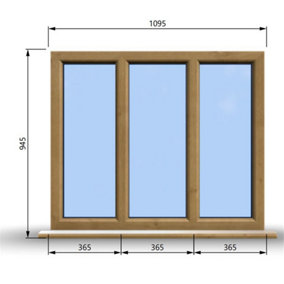 1095mm (W) x 945mm (H) Wooden Stormproof Window - 3 Pane Non-Opening Windows - Toughened Safety Glass