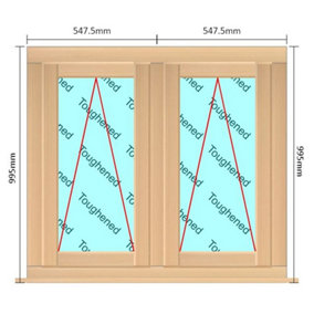 1095mm (W) x 995mm (H) Wooden Stormproof Window - 2 Opening Windows (Opening from Bottom) - Toughened Safety Glass