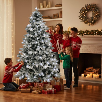 10FT Pre-Lit Snow Flocked Artificial Christmas Tree Lapland with Cool ...