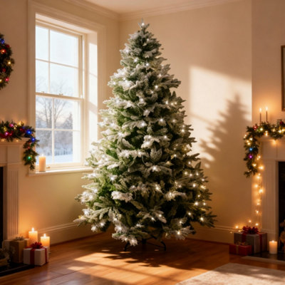 10FT Pre-Lit Snow Flocked Artificial Christmas Tree Lapland with Cool ...