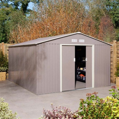 10ft x 12ft - Deluxe Ironwood Metal Apex Shed With Double Doors - Light Grey