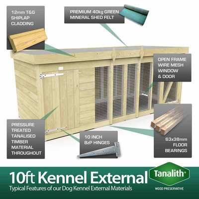 10ft x 4ft Dog Kennel and Run - Wood - L 127 x W 302 x H 127 cm - 4