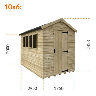 10ft x 6ft (2950mm x 1750mm) Horsforth Elite Pressure Treated Shiplap Apex Shed with 4 Windows