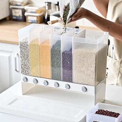 10kg Wall Mounted Plastic Rice Dispenser with 6 portions - Rotatable Dry Food Fruit Transparent Storage Container Box Tank