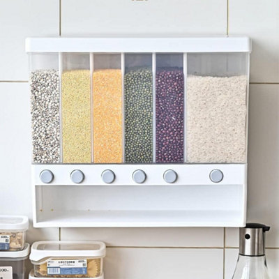 10kg Wall Mounted Plastic Rice Dispenser with 6 portions - Rotatable Dry Food Fruit Transparent Storage Container Box Tank - 5