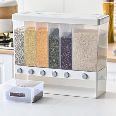 10kg Wall-Mounted Rotating Rice Dispenser with 6 Portions, Transparent Storage Container