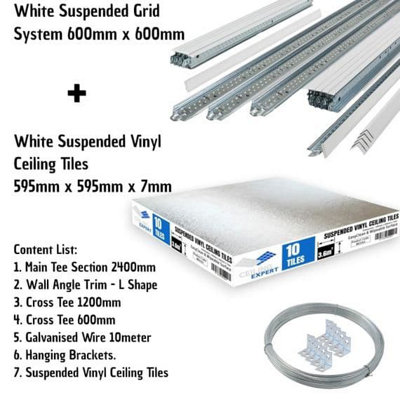 10m² Suspended Ceiling Grid Kit – White EasyClean Tiles (28 Tiles, 600x600mm) & Frame