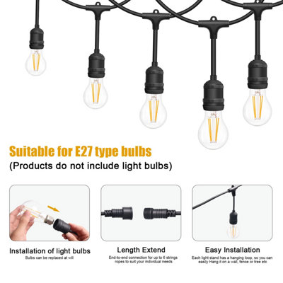10M Drop String Lights with 15 E27 Holder, IP65, connectable
