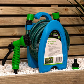 10m Mini Green Garden Hose Pipe and Reel with 7 Function Spray Nozzle