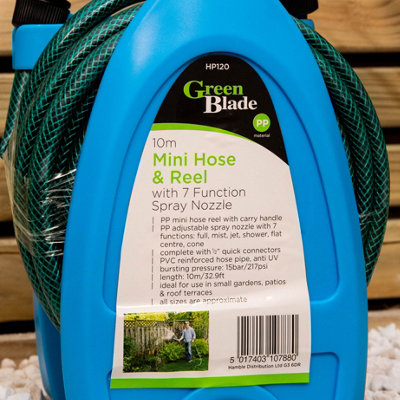 10m Mini Green Garden Hose Pipe and Reel with 7 Function Spray Nozzle - 3