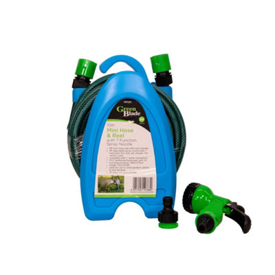 10m Mini Green Garden Hose Pipe and Reel with 7 Function Spray Nozzle - 5
