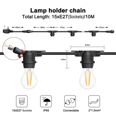 10M String Lights with 15 E27 Holder, IP65, connectable