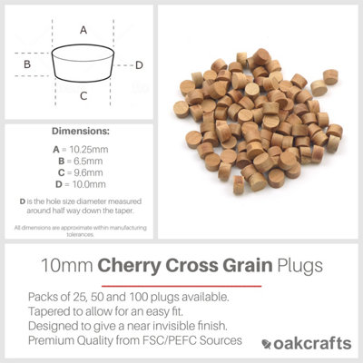10mm Cherry Flat Head Cross Grain Plug - Pack of 100
