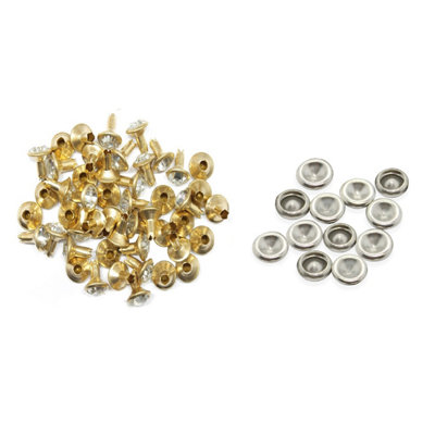 10mm Diamante Rivets with Pins, Clear with Gold Crystal Rivets Rhinestone Studs, 10pcs