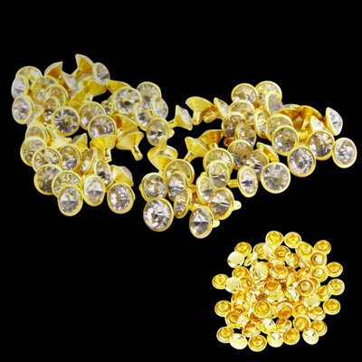 10mm Flat Diamante Rivets with Pins, Clear Crystal Rivets, Gold, 100pcs