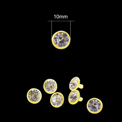 10mm Flat Diamante Rivets with Pins, Clear Crystal Rivets, Gold, 100pcs