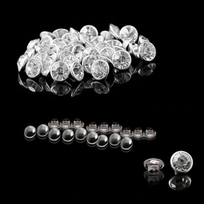 10mm Flat Diamante Rivets with Pins, Clear Crystal Rivets, Silver, 100pcs
