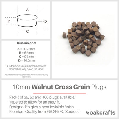 10mm Walnut Flat Head Cross Grain Plug - Pack of 50
