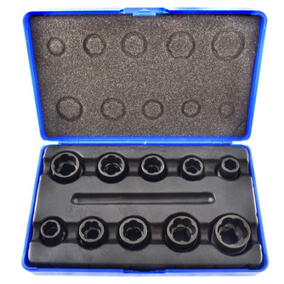 10pc 3/8 in Bolt Nut Twist Socket / Wheel Lock Nut Remover / Extractor Set