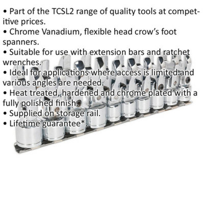 10pc Flexible Crows Foot Spanner Set - 3/8" Square Drive Metric Open Head Wrench