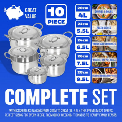 10Pc Large Aluminium Cookware Set With Lids Casserole Stockpots ...