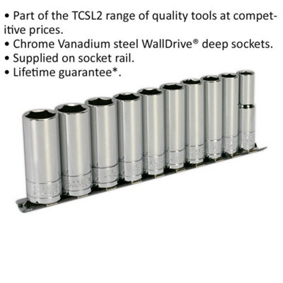 10pc PREMIUM DEEP Socket Set - 3/8" Square Drive 6 Point Metric High Torque Nut