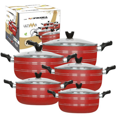 10Pc Professional Non Stick Teflon Coated Casserole Cookware Set Lids Red