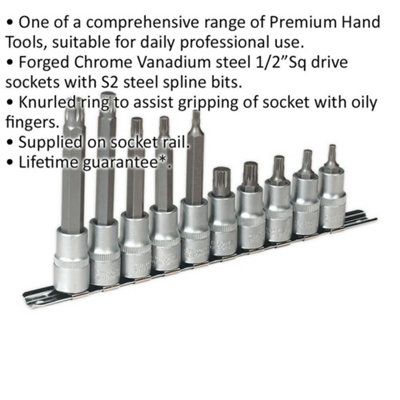 10pc Spline Socket Bit Set - 1/2" Square Drive - M5 to M12 Long & Short Shafts