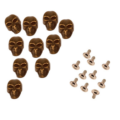 10pcs Metal Skull Head Rivets Studs with Back Pin for Jackets, Bags, Bronze - 8mm x 13mm