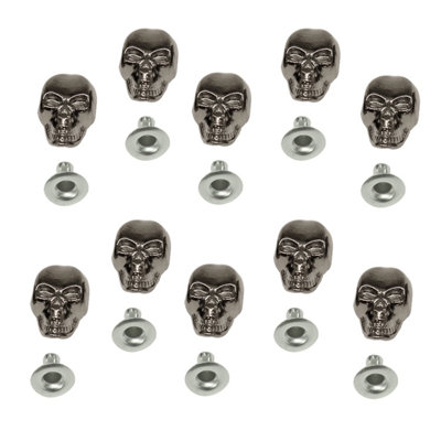 10pcs Metal Skull Head Rivets Studs with Back Pin for Jackets, Bags, Gunmetal Black - 8mm x 13mm
