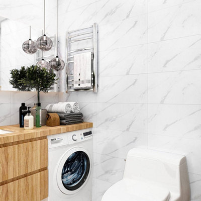 10Pcs White Modern Peel and Stick Marble Effect Kitchen Bathroom Tile PVC Wall Sticker Waterproof 60x30 cm