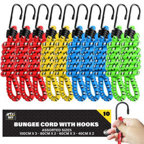 10pk Assorted Bungee Cords with Hooks 40cm to 100cm, Long Bungee Cord with Hooks, Bungee Straps Bunjee Chords Bungees with Hooks