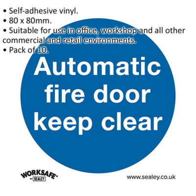 10x AUTOMATIC FIRE DOOR KEEP CLEAR Safety Sign - Self Adhesive 80 x 80mm Sticker
