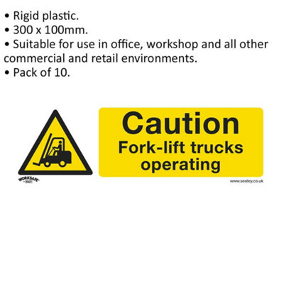 10x CAUTION FORK-LIFT TRUCKS Safety Sign - Rigid Plastic 300 x 100mm Warning