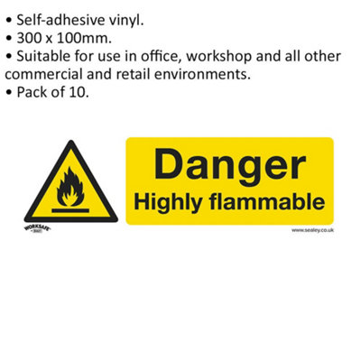 10x DANGER HIGHLY FLAMMABLE Safety Sign - Self Adhesive 300 x 100mm Sticker