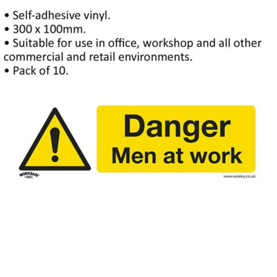 10x DANGER MEN AT WORK Health & Safety Sign - Self Adhesive 300 x 100mm Sticker